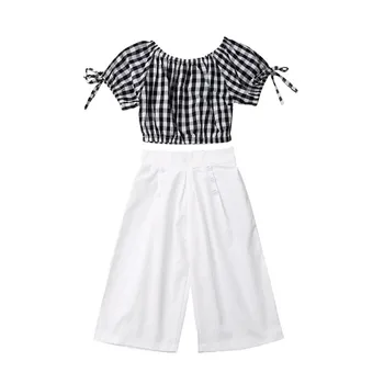 2019 Summer Girls Clothing Set Baby Kids Clothes Suit Children Short Sleeve Plaid T-Shirt Crop Top+Pants roupas infantil meninas 4
