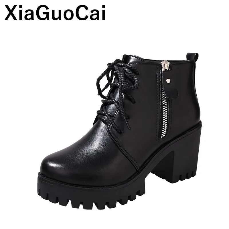 

Women Boots 2019 Spring Autumn Woman Shoes High Top Lace Up Zipper Female Ankle Martin Boots PU Leather British Ladies Pumps