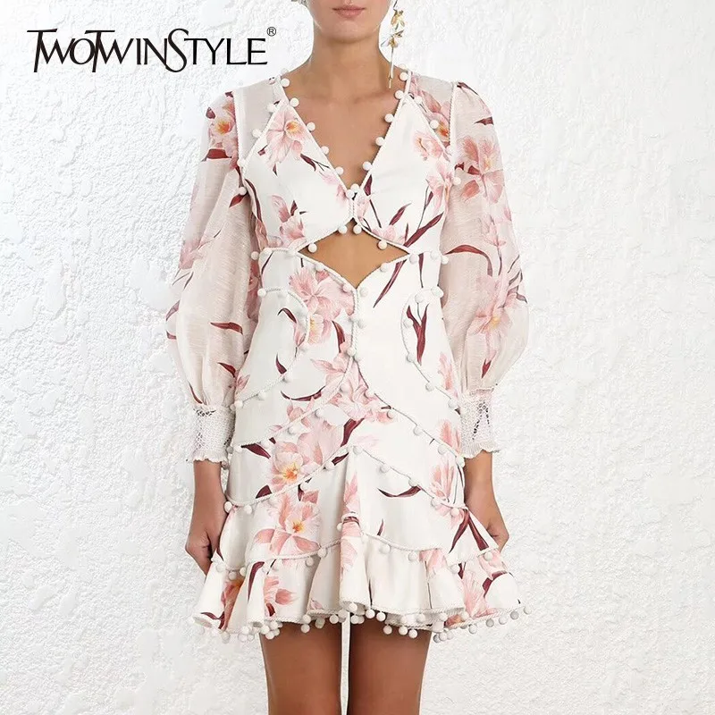 

TWOTWINSTYLE Spring Sexy Hollow Out Dress For Women V Neck Lantern Sleeve High Waist Slim Women's Dresses Fashion Clothes New