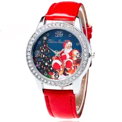 Мода кварцевые с бриллиантами часы Санта-Клаус шаблон аналоговый дисплей Кожаный ремешок наручные часы (синий)