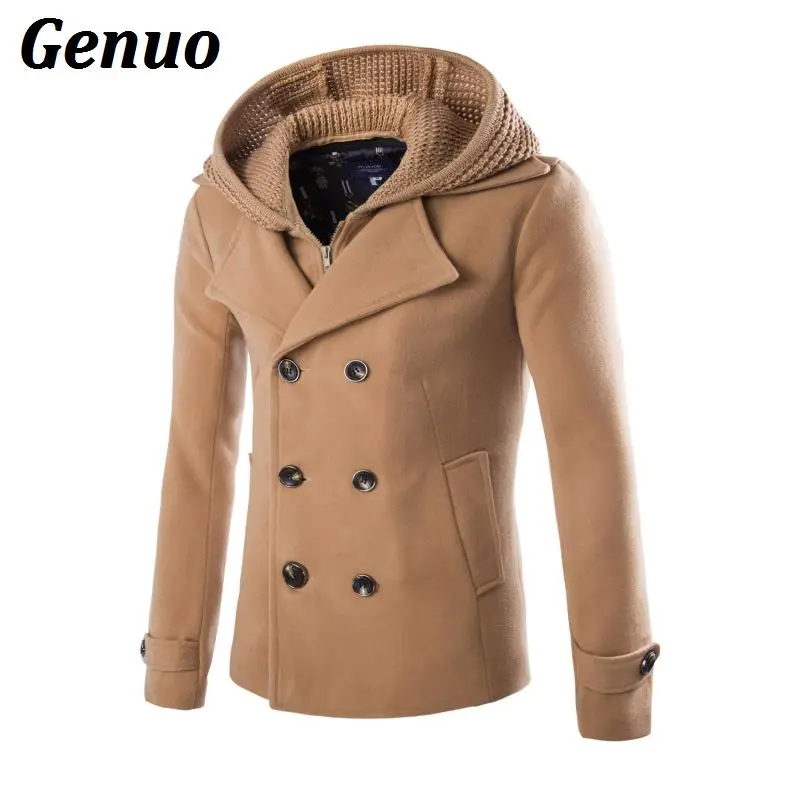 Genuo шерстяное пальто для мужчин модный лоскутный свитер смесь шерсти двубортное бушлат куртка мужская зимняя с капюшоном пальто ветровка