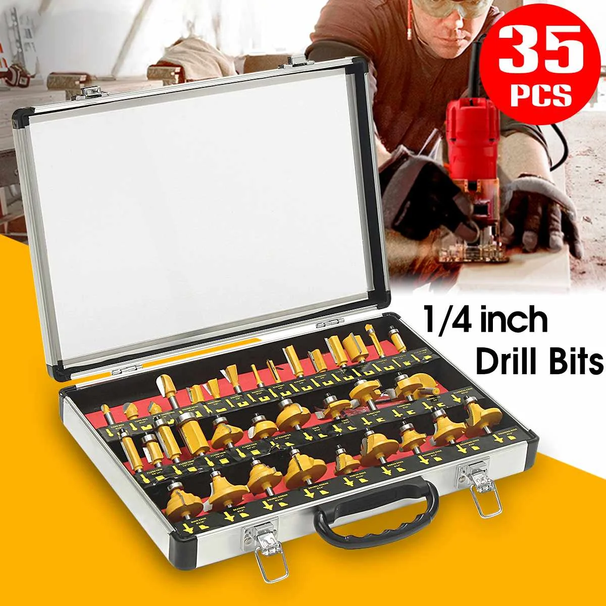 

35PCS 1/4 Shank Tungsten Carbide Router Bit Set Wood Woodworking Cutter Trimming Knife Forming Milling w/ Wood Case box