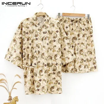 

INCERUN 2020 Print Men Pajamas Sets Japanese Kimono Suit Comfortable Short Sleeve Tops Shorts Men Lounge Sleepwear Sets Homewear