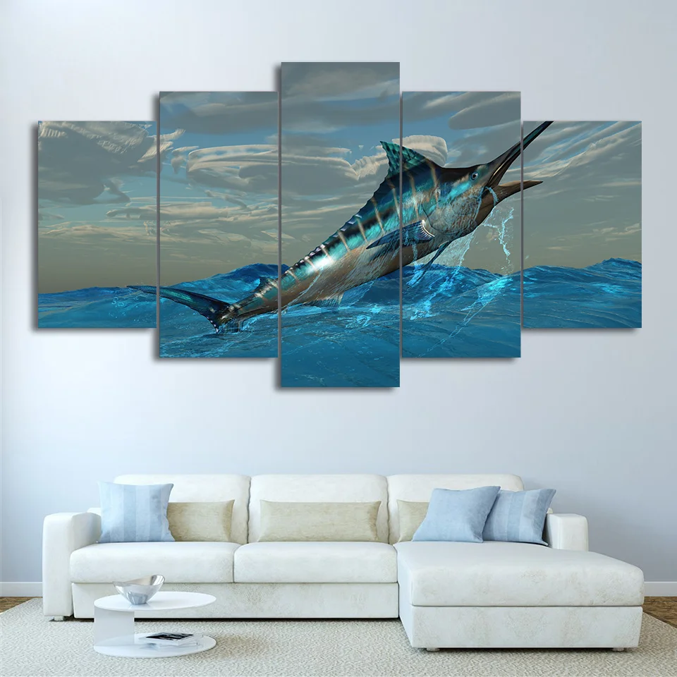 

Canvas Frame Modular Print Living Room Decor Pictures 5 Pieces Jumping Marlin Tuna Fish Painting Wall Art Sailfish Poster