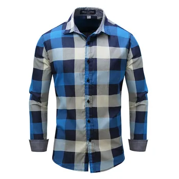 

Mens Plaid Shirt Blue 2019 Spring New Long Sleeve Check Shirt Cotton Slim Fit Office Style Button-down Man Clothing EU Size