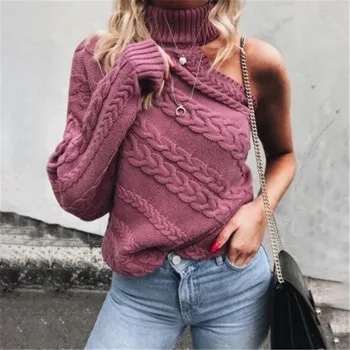 

Elegant Woman Winter Thick Warm High Neck Sweater Women One Shoulder Solid Color Pullover Knitwear Soft Elasticity Tops Sweaters