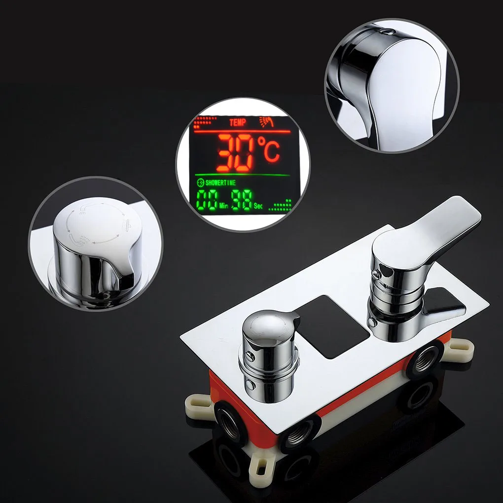

LED Digital Display Shower Faucet Set Bath Rainfall Shower Head 3 Function Faucet Cartridges Valve 360Degree Rotation Tub Spout