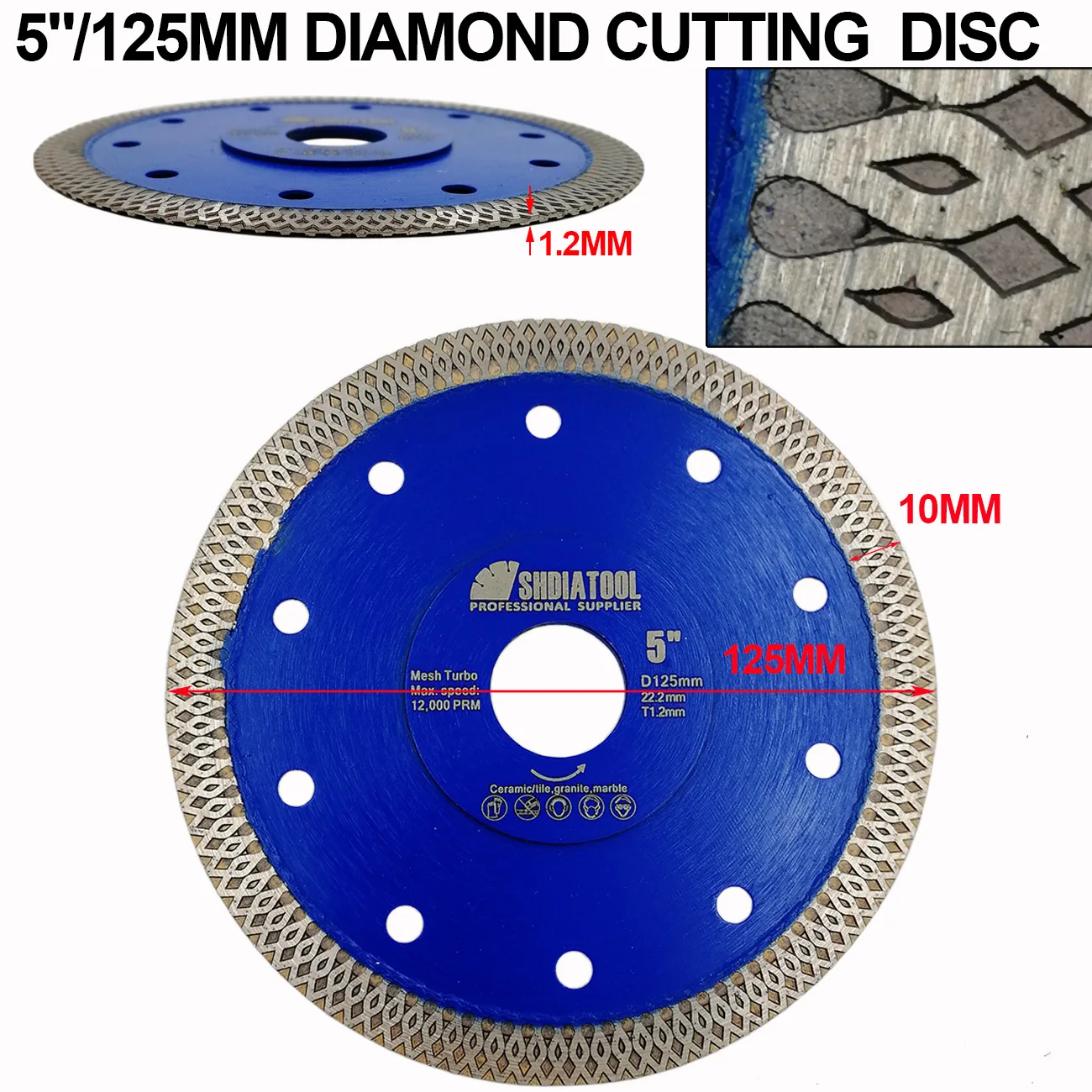 SHDIATOOL 5pcs Diamond Sintered Cutting Disc X Mesh Turbo Saw Blade Dia 4"/105mm 4.5"/115mm 5"/125mm Diamond Marble Tile Blade
