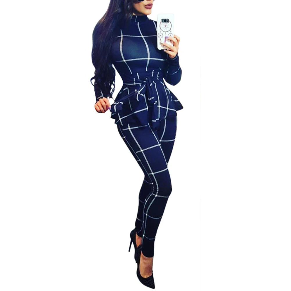 Women Plaid Bodycon Jumpsuit Turtleneck Long Sleeve One Piece Overalls