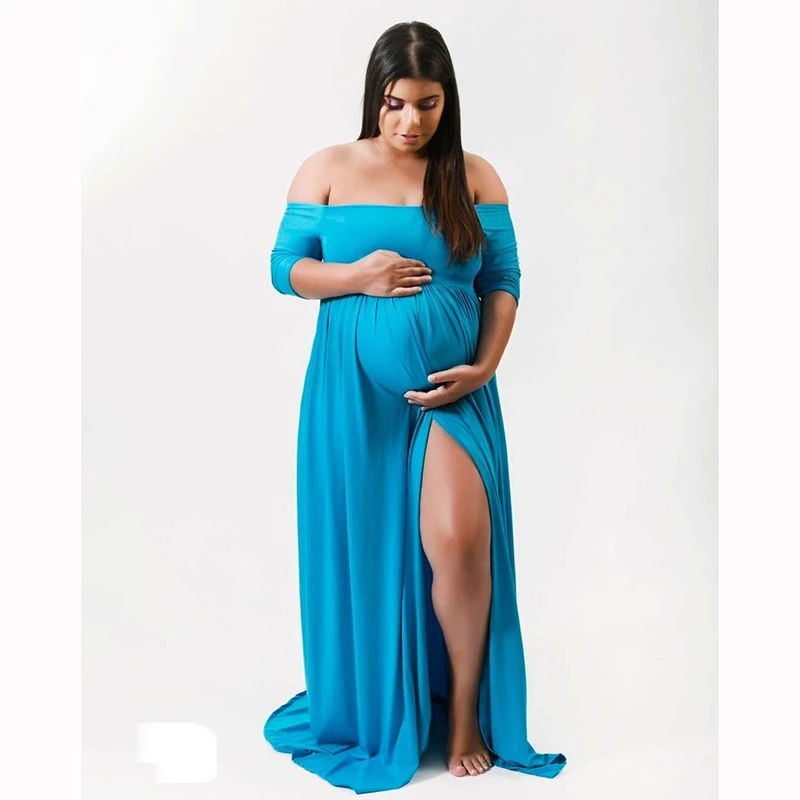 Платье макси для беременных женщин; одежда для мам и дочек; элегантное платье с длинными рукавами и открытыми плечами; Новинка года