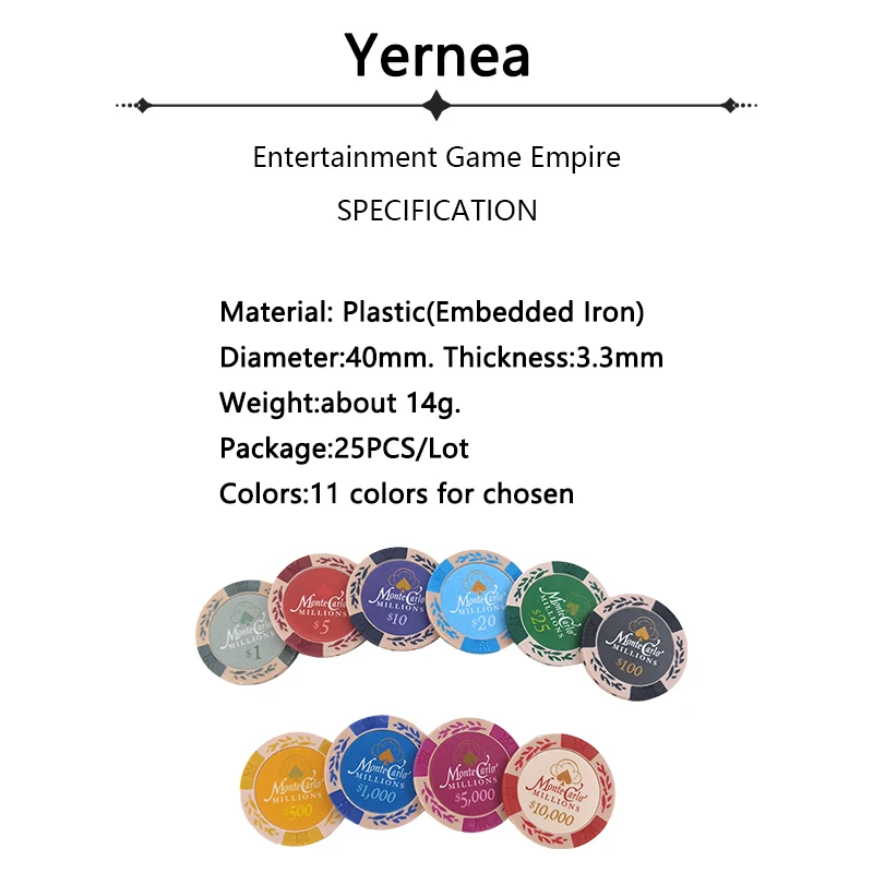 Yernea 1 قطعة 14g اللعب رقائق طقم البوكر سيارات الدولار القمح فيلم كلاي فيشات للعبة البوكر عملات 11 اللون تاج الطين الترفيه