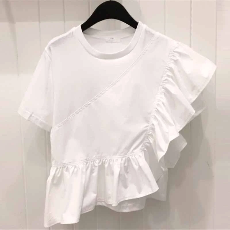

[EWQ]2019 Summer New Style Round Collar Short Sleeve Ruffles Patchwork Striped Pullvoers Casual T-shirt Women Fashion Tide AD228