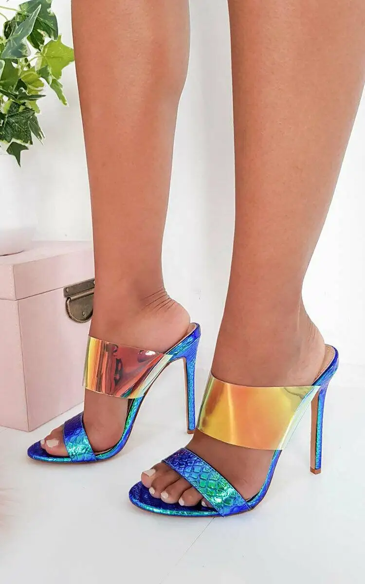 

Carole Levy 2019 New Fashion Woman Summer Shoes Blue Silver Woman Solid Slipper Sexy Fashion Thin Heels Pointed Toe Stilettos