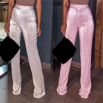 

2019 New Women Wide Leg Pants Fashion Loose High Waist Pleated Pants Streetwear Pink Silver Casual Trousers