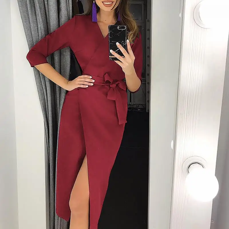 

Sexy V-Neck 3/4 Sleeve Soid Color Pencil Dress Women Bow Tie Waist Sheath Bodycon Dresses Wear To Work Vestidos SJ1595C
