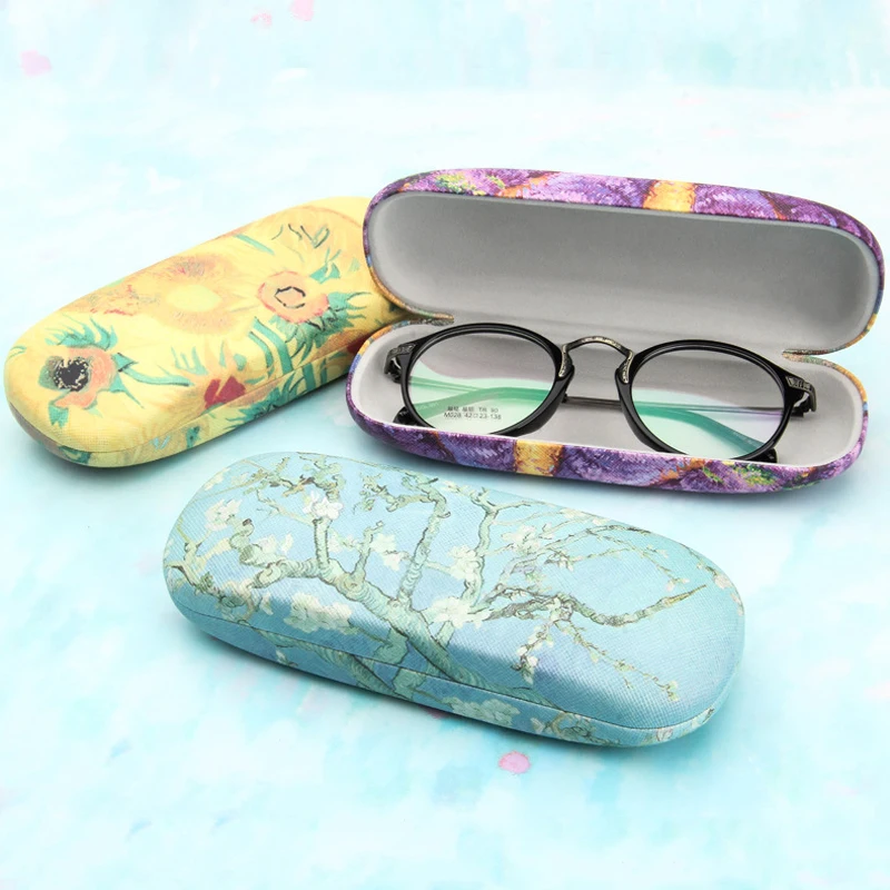 iboode Oil Painting Glasses Case Box Women Hard Leather Reading Glasses Case Men Retro Unisex Floral Print Eyewear Protector glasses case zipper eyewear box