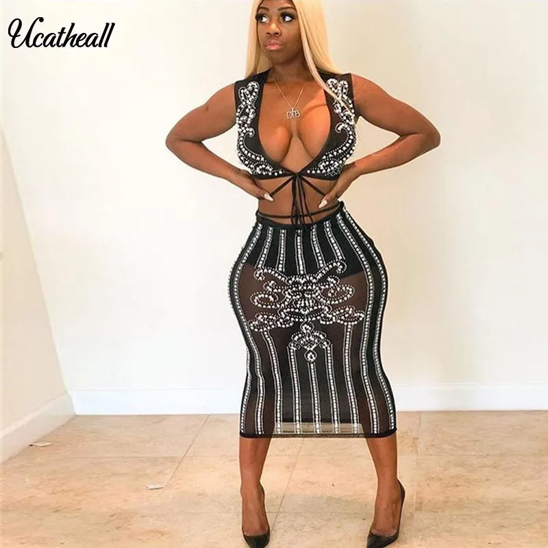 

Deep V-neck Mesh Winter Dress Luxury Beaded See Through Two Piece Women Dress White Pearl Christmas Party Dress