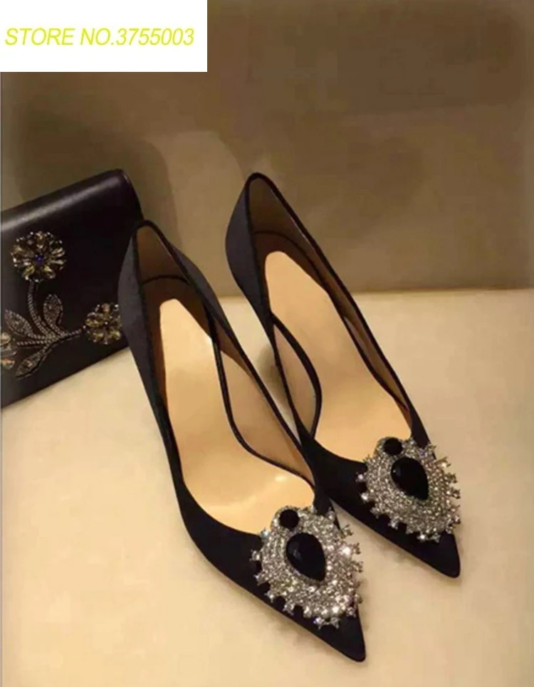 

Luxury Stone Button Women Fashion Satin Pumps Sexy Pointy Toe Ladies Slip On High Heels 2018 Hot Crystal Party Stiletto Size 41