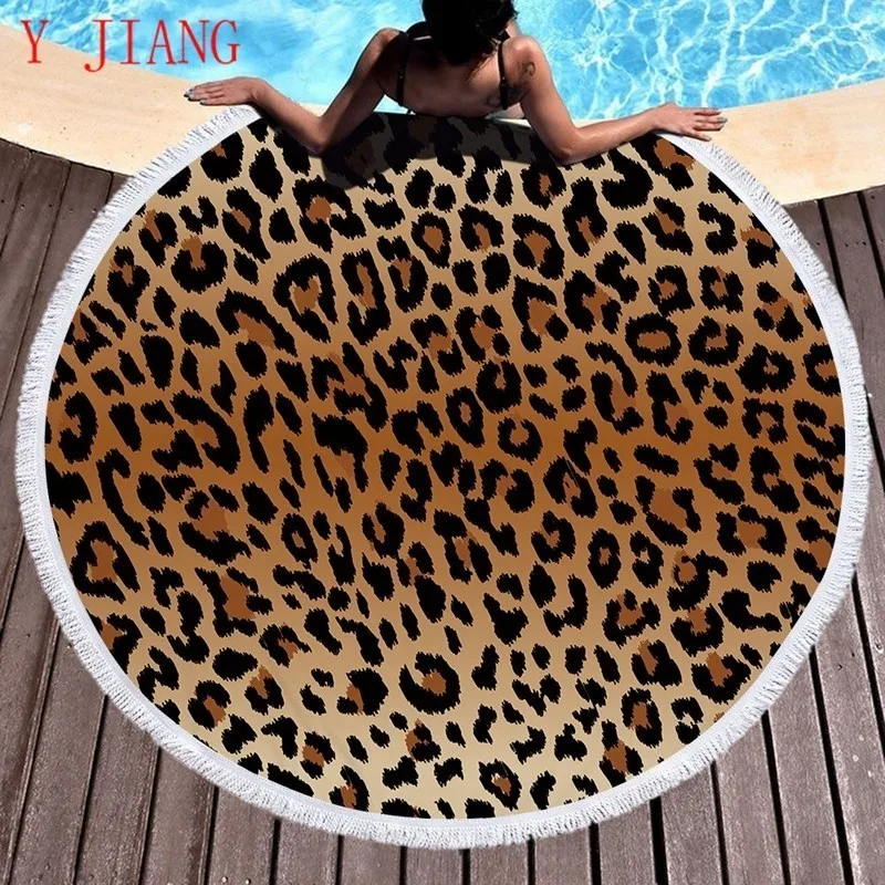 

Leopard Tiger Pattern Beach Towel Printed Round With Tassels Microfiber 150cm Summer Swimming Picnic Mat Tapestry Travel Blanket