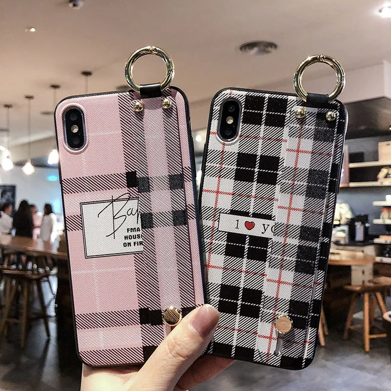 

Grid Pattern Phone Cases For Iphone XS Max Wrist Strap Case Hard PC Shell Cover Kickstand Coque For Iphone X XR 6 6S 7 8 Plus