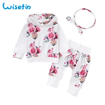 

Summer Newborn Girls Clothes Set Flower Print Baby Outfits Long Sleeve Pink Cute Infant Girl Clothing Hoodies+Pants+Headband D30