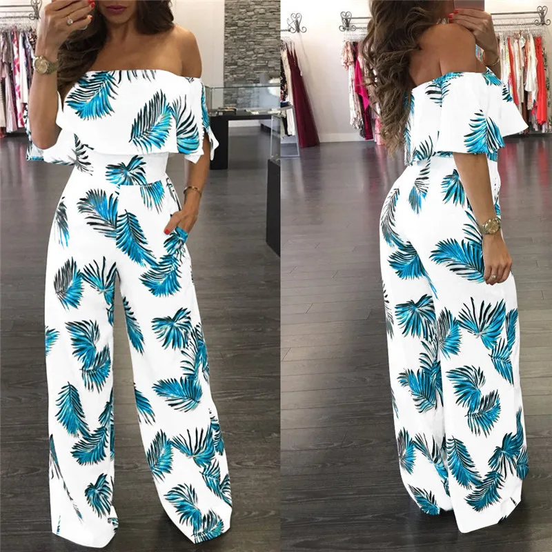 

Women Ladies Leaves Printed Elastic Slash Neck Off Shoulder Club Summer Play suit Bodycon Party Casual Jumpsuit Romper Trousers