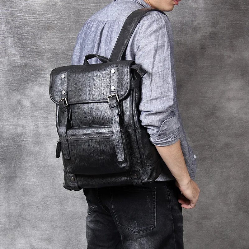  100% Natural Skin Genuine Leather Black Backpack Men Large Capacity Laptop Backpack Male Travel Bag
