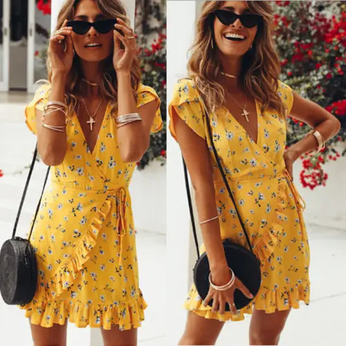 Womens Lady Floral Wrap Dress Ladies Deep V-neck Shortsleeve Waisted Ruffles Dress Beach Party Mini Dress