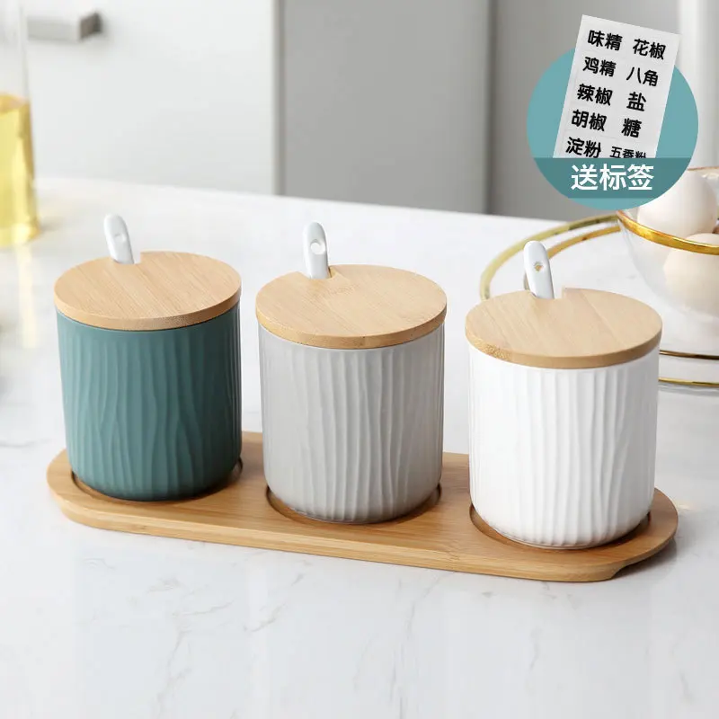 

Kitchen Nordic Household Ceramics Flavor Storage Bottles With Bamboo Rack Seasoning Spice Sugar Salt Jars with Cover and Spoon