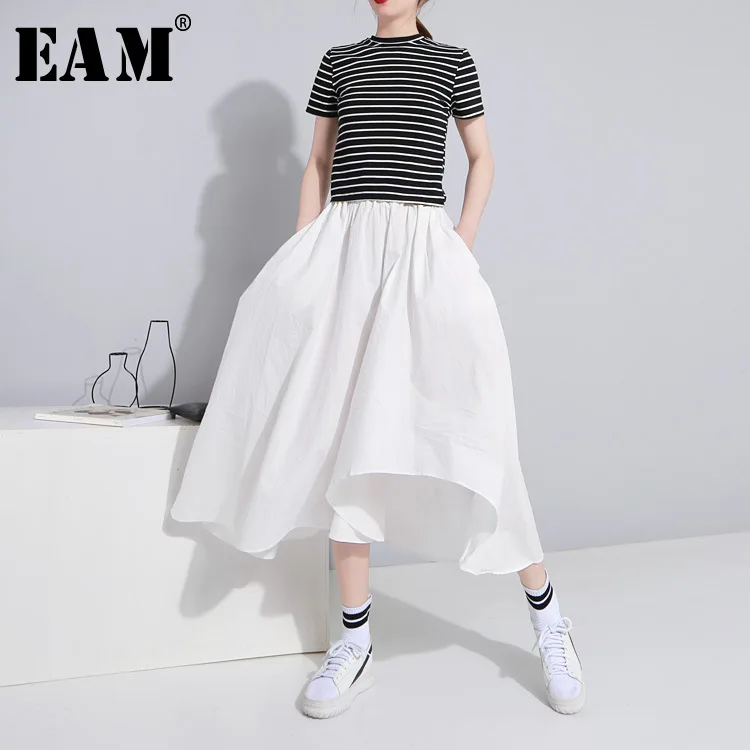 

[EAM] 2019 New Spring Summer High Elastic Waist Black Irregular Hem Big Hemline Personality Half-body Skirt Women Fashion JS218