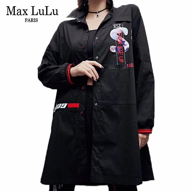 Женская ветровка с принтом Max LuLu черная Длинная в Корейском стиле пальто размера