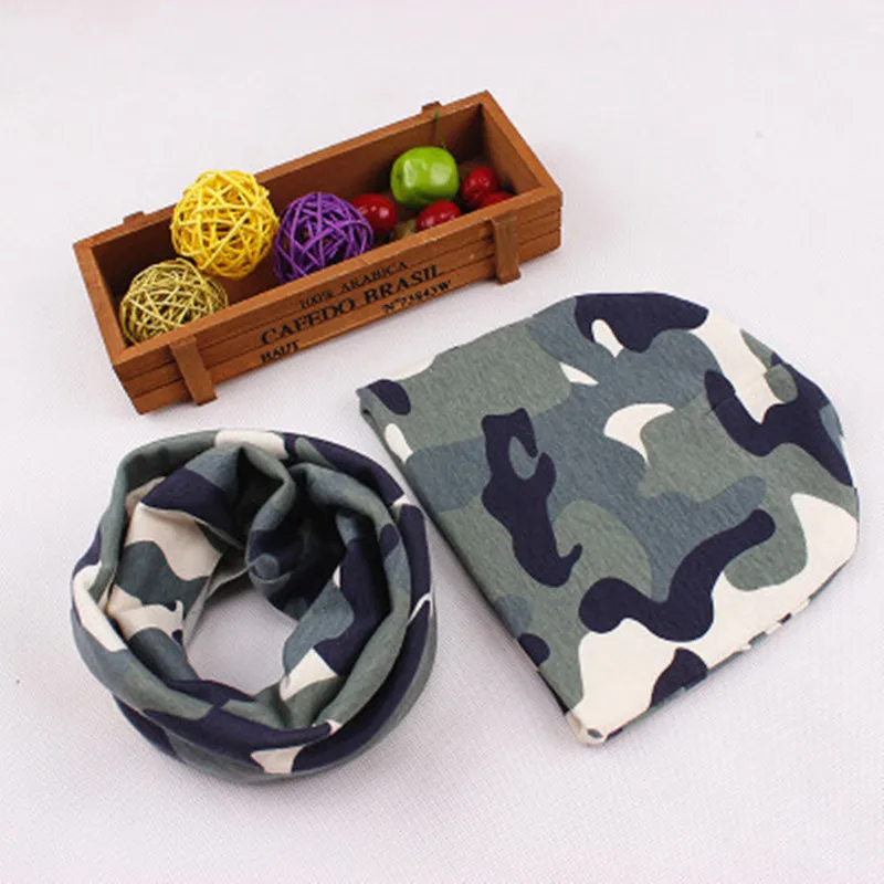 

1Set Winter Spring Kids Hat Set Camo Star Printed Boys Girls Neck Scarf Cap Cotton Warm Children Beanie Neckerchief