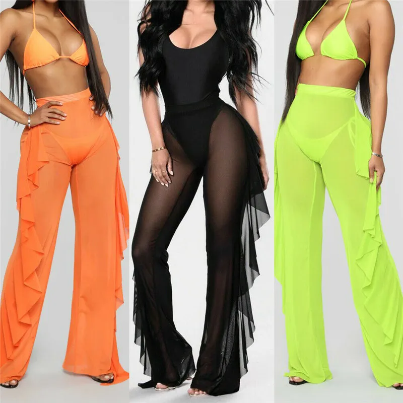 swim suit cover hirigin Sexy Women Bikini Cover-Up Pants Mesh See-Through Beachwear Swimwear Swimsuit Bathin Suit Long Pant Trousers bathing suit with matching cover up