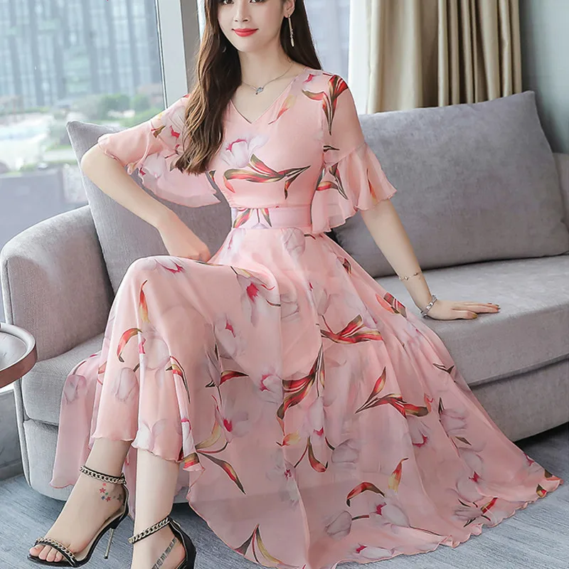 

Fashion Floral Print Dress V-neck Short Sleeve Sexy Pink Party A-Line Chiffon Dresses Elegant Women Mid-Calf Vestidos Robe Femme