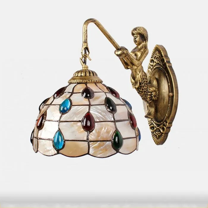 

Modern Pastoral Tail Shell Mermaid Led Wall Lamp 8 Inch Mediterranean Tiffany Mirror Front Wall Light Home Indoor Lighting