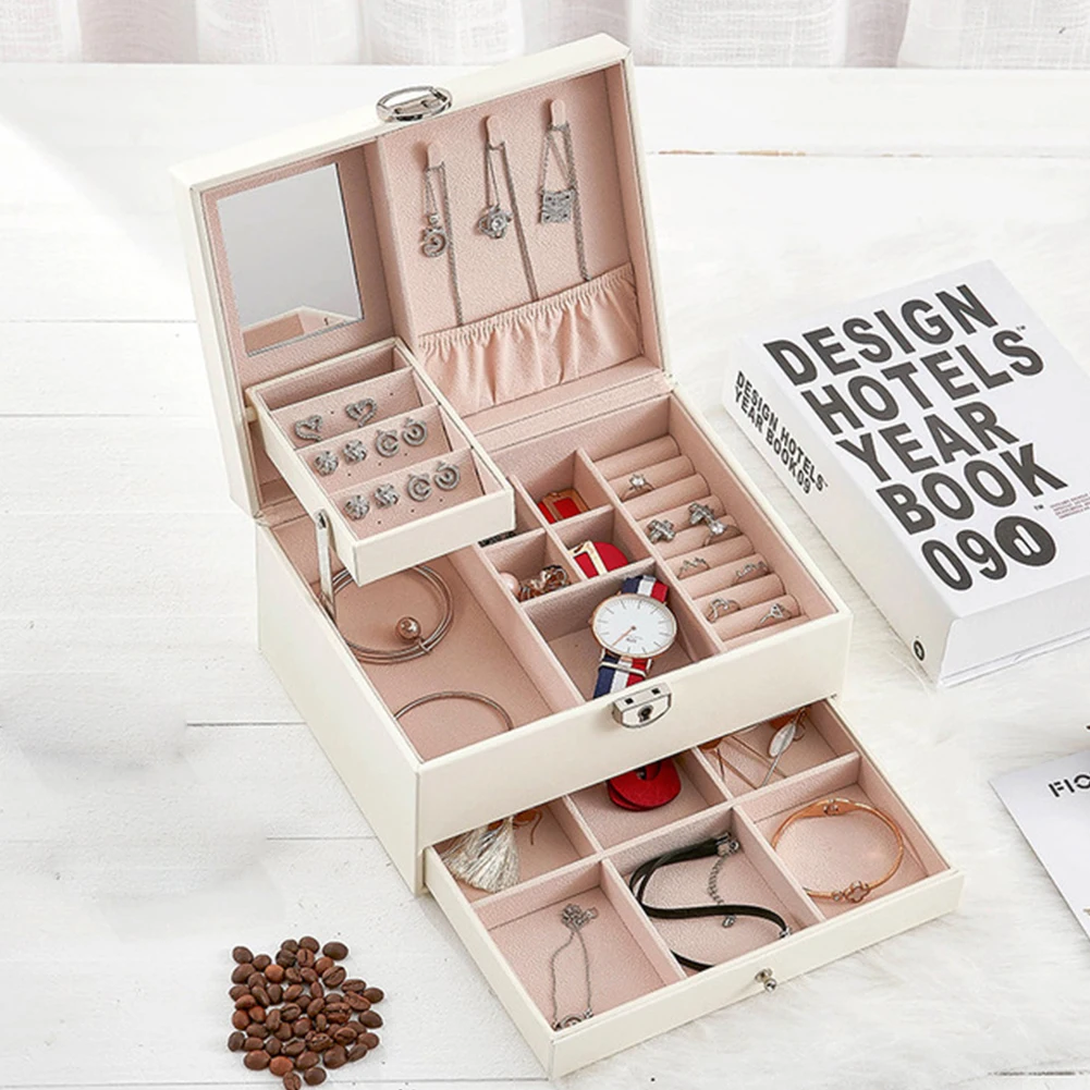

Display Necklaces Jewelry Box With Mirror Gift Simple Solid Portable Key Storage Stud Earrings Makeup Organizer Travel With Key