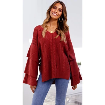

Womens Winter Warm V Neck Oversized Tops Chunky Knitted Sweater Jumper Hollow Out Top