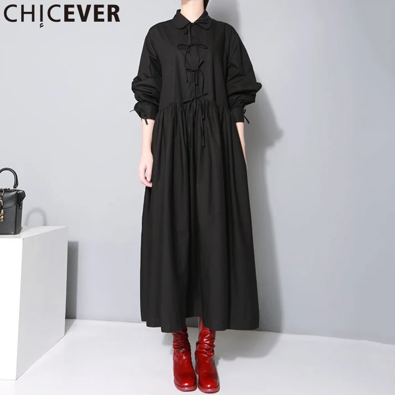 

CHICEVER Big Size Lace Up Tunic Midi Shirt Dress Women Autumn 2019 Lantern Sleeve High Waist Black Dresses Female Casual Clothes