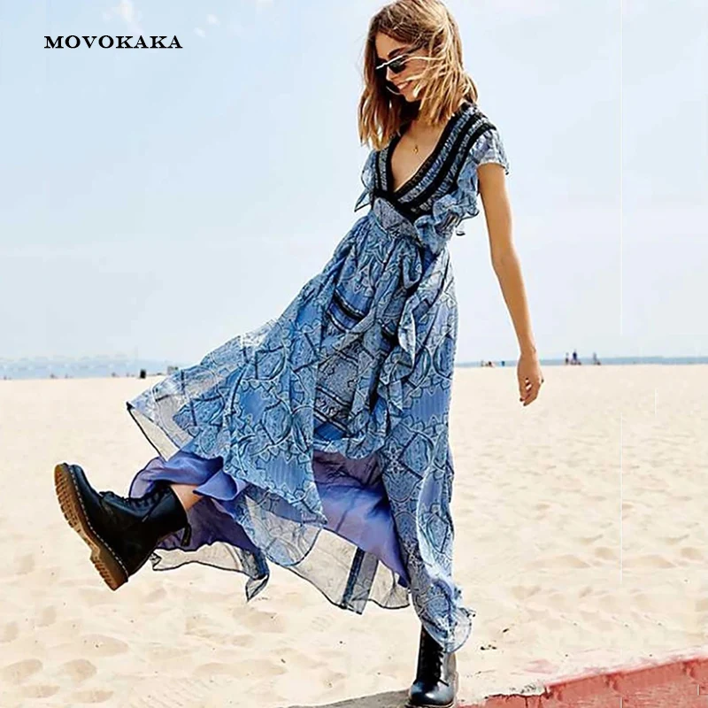 

Vacation Boho Women Dress Blue Ruffle Dresses Woman Elegant Chiffon Casual Summer Beach Dress Women Lace Long Dresses Women Sale