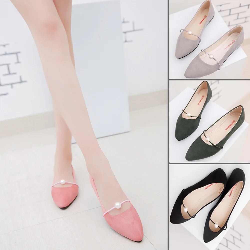 New Women Solid Color Suede Flats Heel Pearl Fashion High Quality Basic