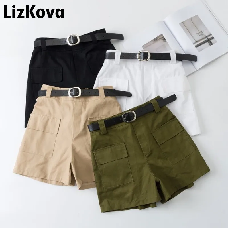 

2019 Summer Bermuda Shorts Army Green Khaki Office Lady High Waist Wide Leg Shorts Korean Bottoms Belt Waist