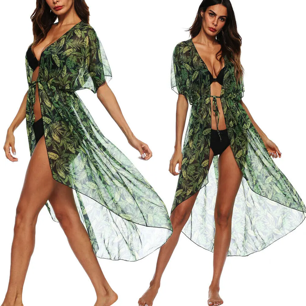 

New Women Chiffon Kimono Cardigan Leaves Printed Short Sleeve Blouse Summer Beachwear Elastic Long Tops Boho Loose Ladies Shirts