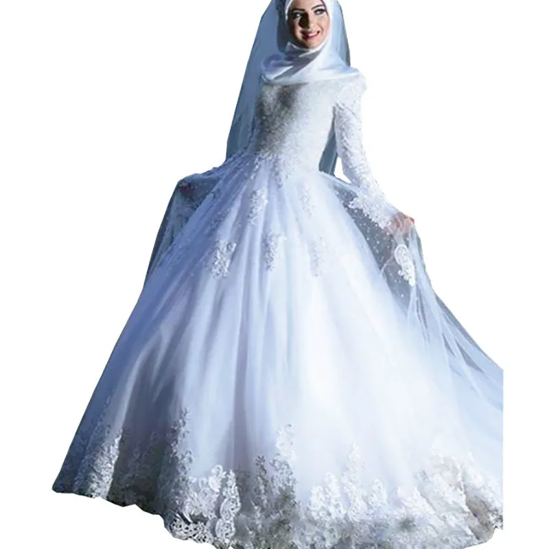 

Muslim Arabic Vintage White Appliqued Lace Wedding Dresses Sheer Tulle A Line Long Sleeves Bridal Gowns Corset Vestido de noiva