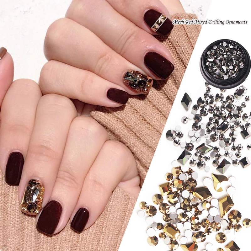 

Продажа 1 коробки 3D Стразы, все виды самодельных драгоценных камней, новая очаровательная смесь украшений для ногтей, гель для украшения ног...