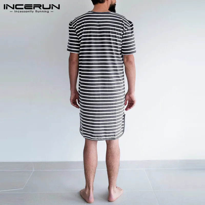 INCERUN полосатая свободная Мужская одежда для сна топы для сна с круглым вырезом с коротким рукавом Удобная Ночная Рубашка домашняя одежда для отдыха мужская одежда S-5XL