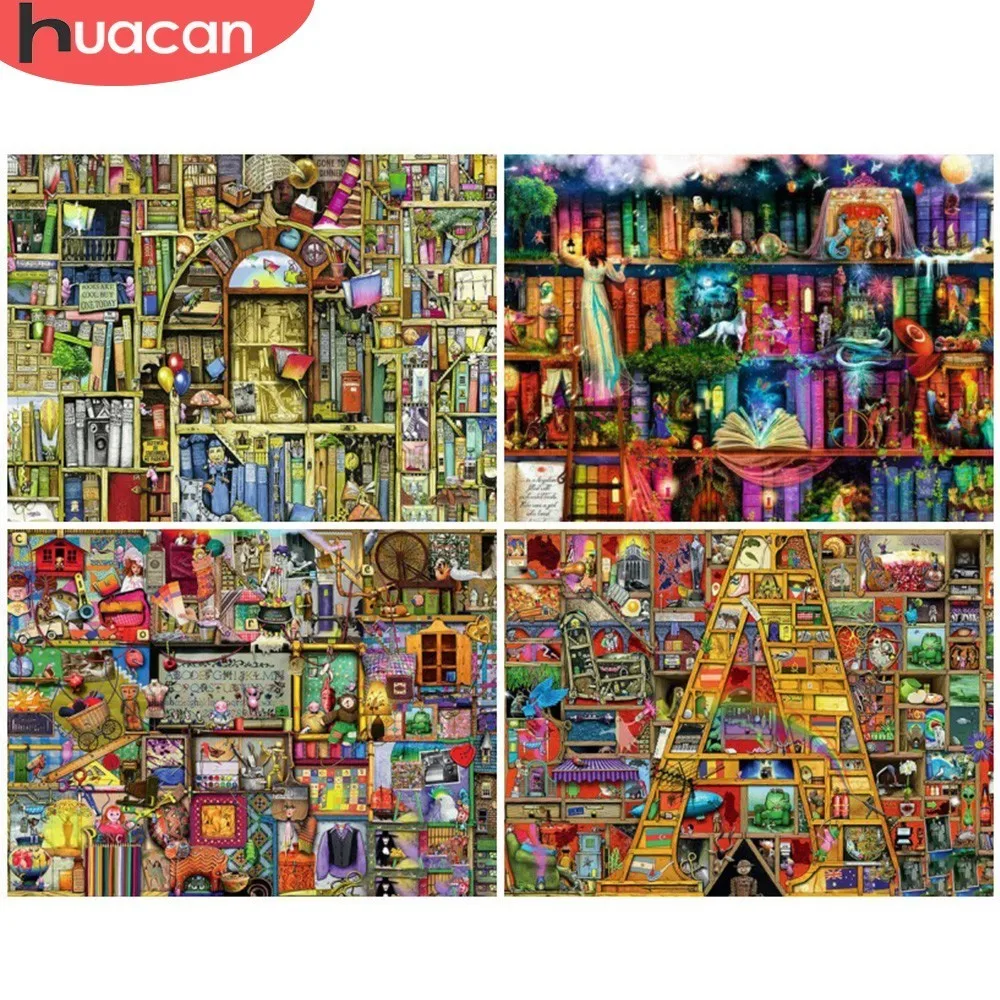 

HUACAN Diamond Embroidery Bookshelf 5D DIY Diamond Painting Scenic Full Square Rhinestone Cross Stitch Mosaic Home Decor Gift