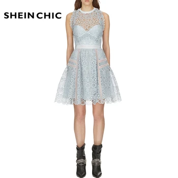 

Self Portrait 2019 Women Dress Elegant Backless Blue Hollow Out Lace Midi Dress Summer Beach Party High Waist Vestidos Verano
