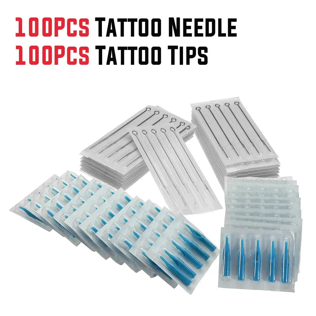 

100pcs Assorted Sterilized Tattoo Needles Mixed 10 Sizes 3RL 5RL 7RL 9RL 5RS 7RS 9RS 5M1 7M1 9M1 With Tattoo Tips 3RT 5DT 5FT