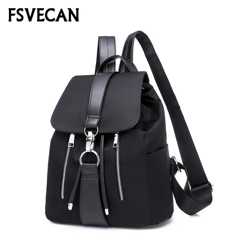 Koop Nieuwe 2018 Nylon Vrouwen Rugzak Vrouwelijke Mode Reizen waterdichte Patchwork Lederen Tas Zwarte School Rugzakken Tiener Voor Meisjes