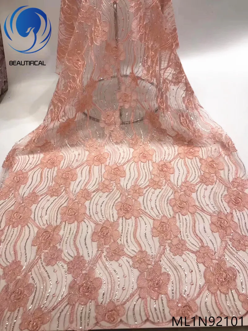 

Beautifical african lace fabrics 2019 Top sale nigerian net lace embroidered fabric with sequins for women dress ML1N921
